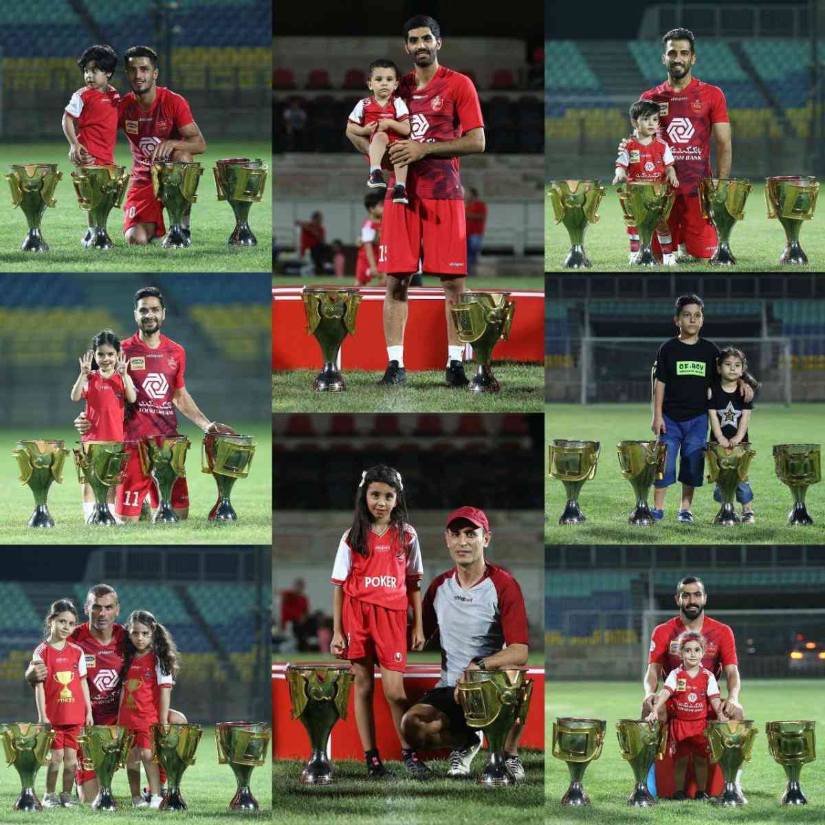 عکس یادگاری پرسپولیسی ها همراه فرزندان‌شان در کنار چهار جام قهرمانی
